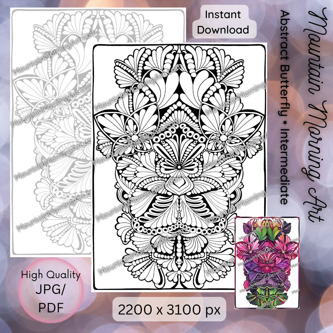 Abstract Butterfly • Coloring Page • B&W and Grayscale • Hand Drawn